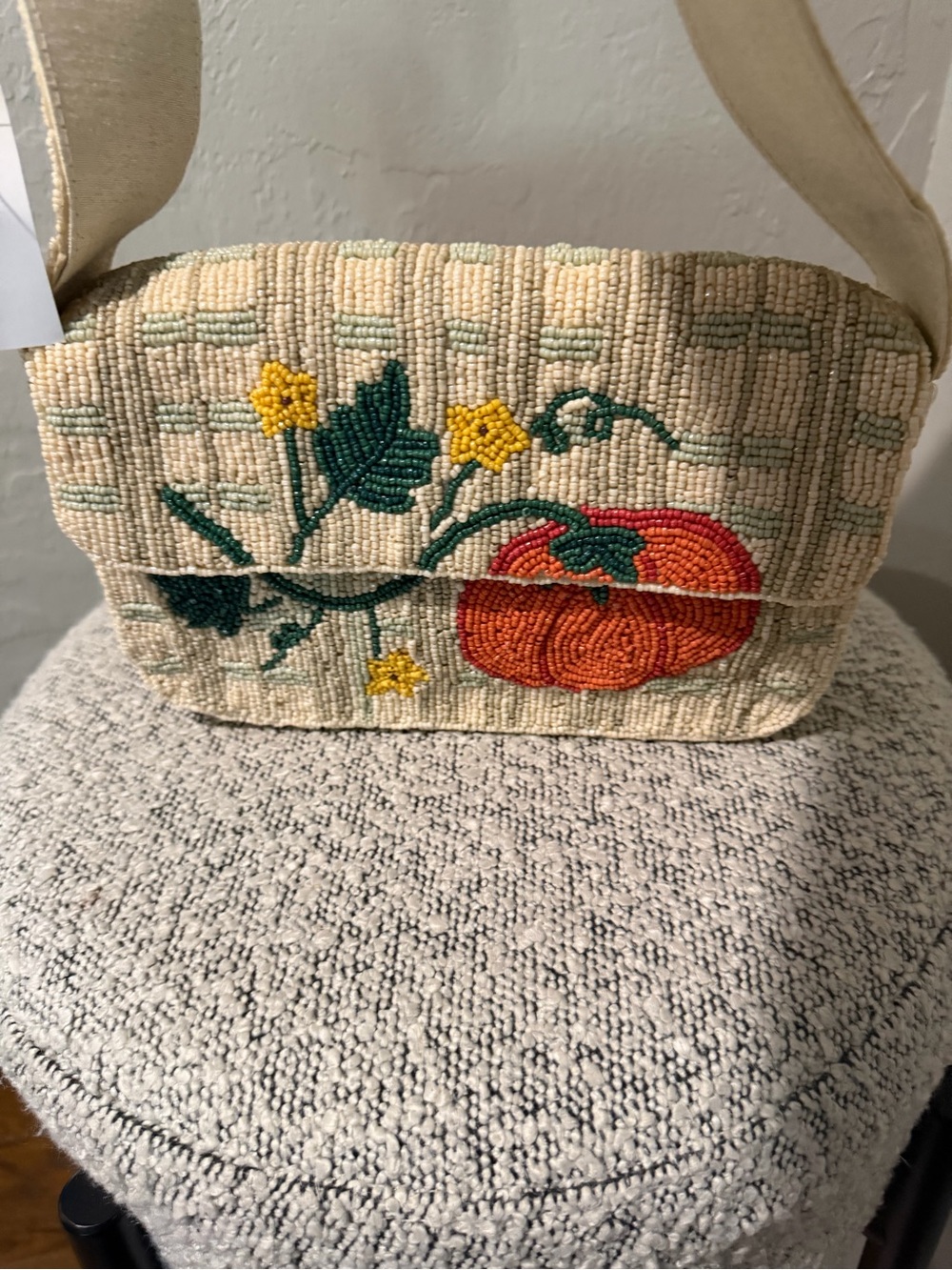 Beaded Pumpkin Motif Crossbody Bag - Cream and Orange